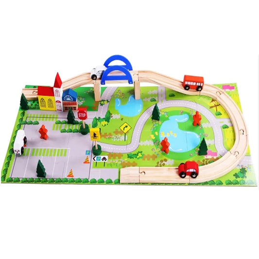 KIDS KINDLY Wooden Railway Overbridge Vehicles Set Toy for Kids  | Wooden Cars | Rail Overpass | Traffic Signals, Signboards & Buildings | Monteszori Jigsaw Puzzle Boys & Girls | 3+ Years