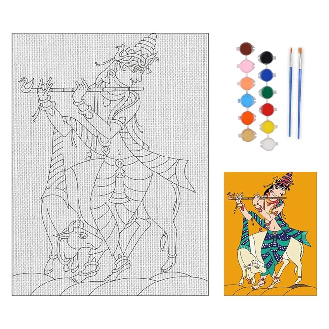 Hobby India Self Painting Beautiful Shree Krishna Flute Canvas | Pre-designed Canvas Board | for Best Gift Adults & Artist