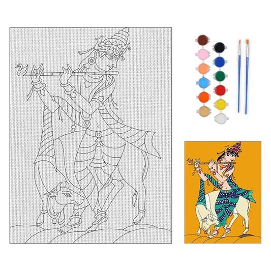 Hobby India Self Painting Beautiful Shree Krishna Flute Canvas | Pre-designed Canvas Board | for Best Gift Adults & Artist