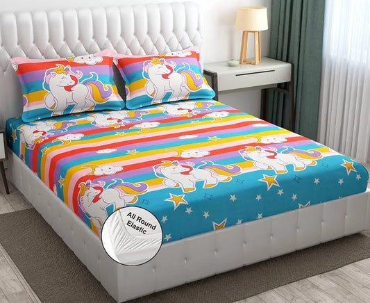 Fresh From Loom Cartoon 300 TC Wrinkle Free Glace Cotton Elastic Fitted Bedsheet for Kids with Two Pillow Cover Queen Unicorn Multicolor