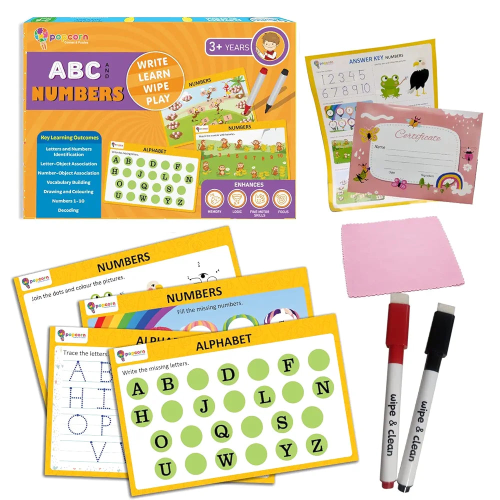 Popcorn Games & Puzzles ABC and Numbers | Reusable Activity Mats with 2 Marker Pens | Gifts & Creative Learning for Ages 3-6