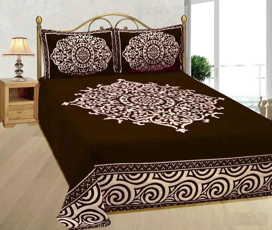 Fresh From Loom Chenille Velvet Floral 500 TC Heavy Bedsheet for Double Bed King Coffee Color with 2 Pillow Covers Ambi Brown