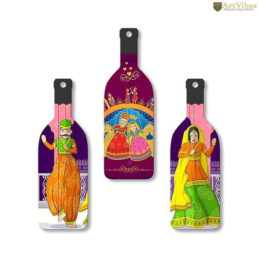 Artvibes Rajasthani Puppet Dance Wooden Wall Hanging for Home Decor | Set of 3