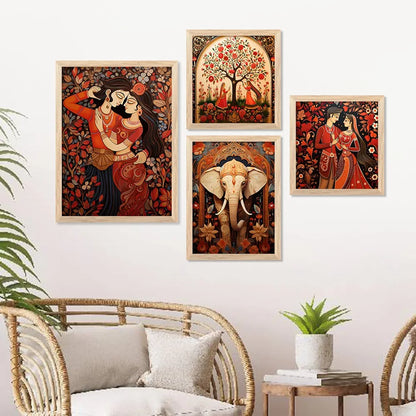 Kotart Traditional Indian Inspired Madhubani Art Paintings with Frame Set of 4 Frames A