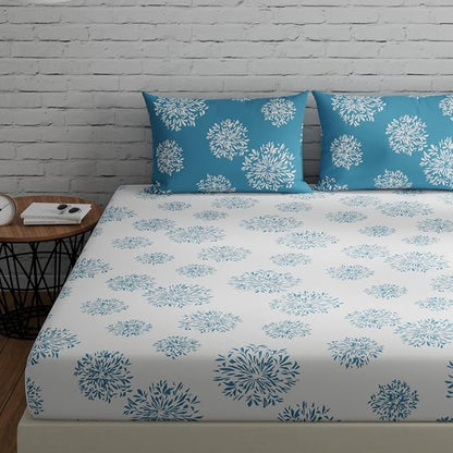 Huesland by Ahmedabad Cotton 144 TC Cotton Bedsheet for Double Bed King Size with 2 Pillow Covers | White & Blue