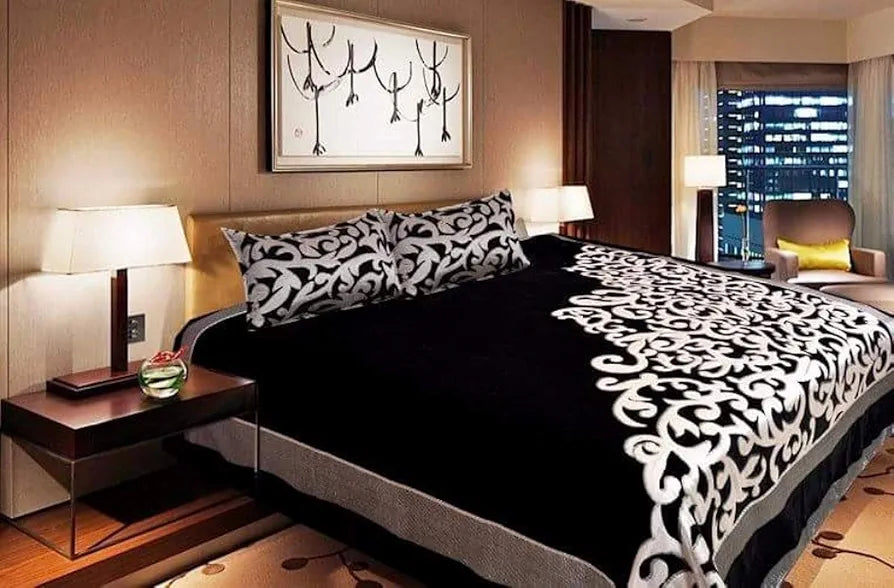 Fresh From Loom Chenille Velvet Abstract 500 TC Heavy Bedsheet for Double Bed King Size Black Color with 2 Pillow Covers