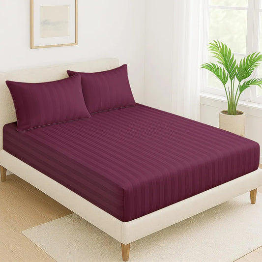 Cloth Fusion Elastic Fitted Glace Cotton Satin Striped Bedsheet Queen Size with 2 Pillow Covers Wine