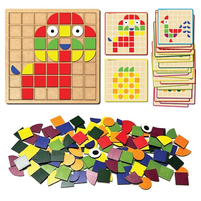 Mini Leaves Wooden Pattern Block Puzzle Toys | Mosaic Puzzle Board 3d Creative Shapes 157 Pieces | 3+ Years With 24 Flash Cards