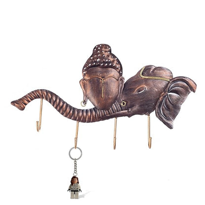 Ecraftindia Buddha Head on Elephant Trunk Wrought Iron Key Holder | Red and Brown