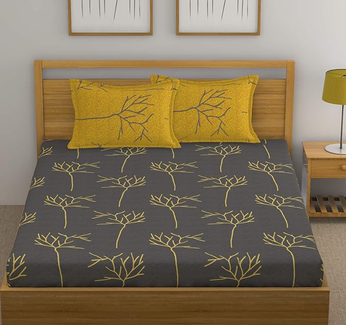 Huesland by Ahmedabad Cotton 144 TC Cotton King Size Bedsheet with 2 Pillow Covers - Grey and Yellow(9ft x 9ft)