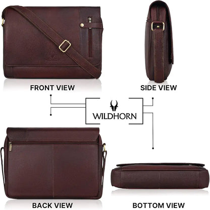 WildHorn Leather Messenger Bag for Men/Office Bag for Men I Padded Laptop Compartment with Adjustable Strap I DIMENSION : L-15 inch W-3 inch H-12 inch