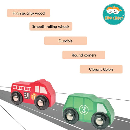 KIDS KINDLY Mini Vehicle Wooden Toys - Age 3 & Set of 6 Ambulance Wooden Small Toys for Kids, Cars Set Classic Rescue & Construction Vehicles Driving Cars for Boys Girls Educational Plays