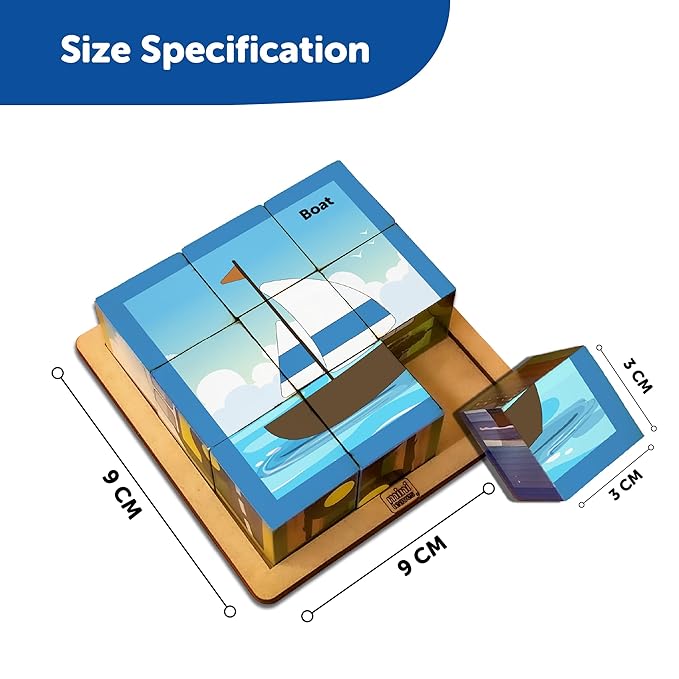 Mini Leaves 6 in 1 Transport Wooden Cube Block 6 Sides with 6 Animal with Storage Tray Kids 3+ Years | Educational Sorting and Assembling Toys