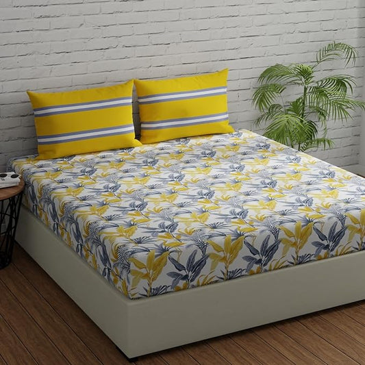 Huesland by Ahmedabad Cotton 144 TC Cotton Bedsheets for King Size Bed with 2 Pillow Covers | Flamingos & Stripes Yellow & Grey