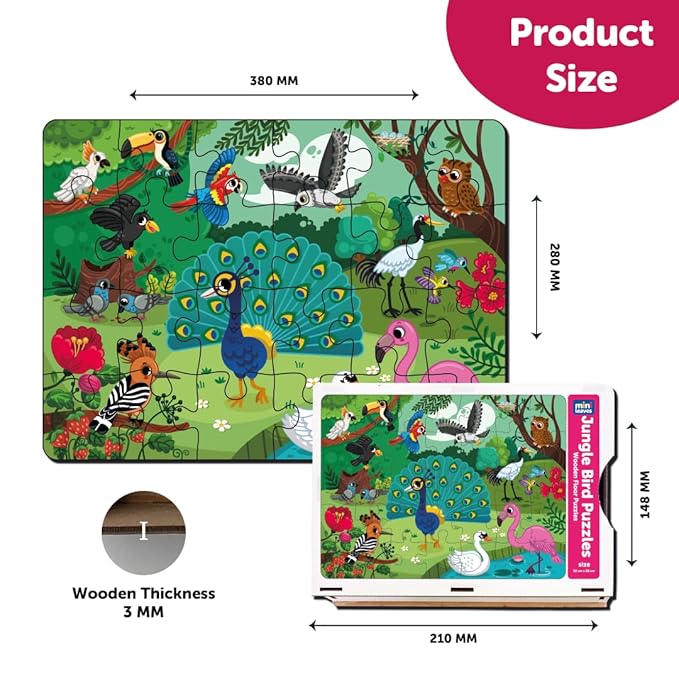 Mini Leaves 24 Piece Puzzle for Kids | Jungle Birds Wooden Jigsaw Floor Puzzle | Educational Toys for Kids