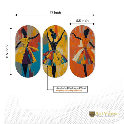 Artvibes Abstract Art Dancers Wood Wall Hanging Decoration Items for Home | Set of 3