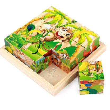 Trinkets & More - 3D Jigsaw Puzzle Wooden Cube Block 6 Face 9 Pieces with Storage Tray Kids 3+ Years 
