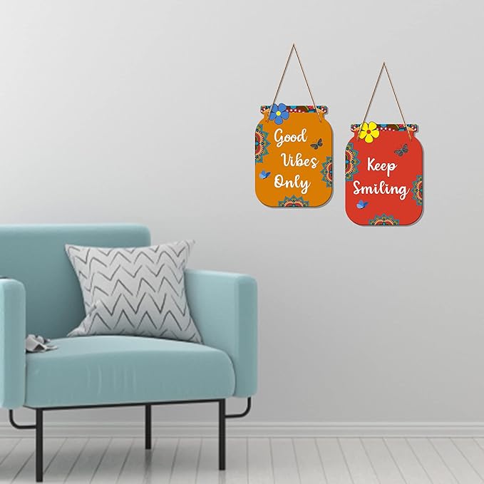 Artvibes Good Vibes Only Quote Decorative Wall Art Mdf Wooden Wall Hanger for Living Room | Set of 2