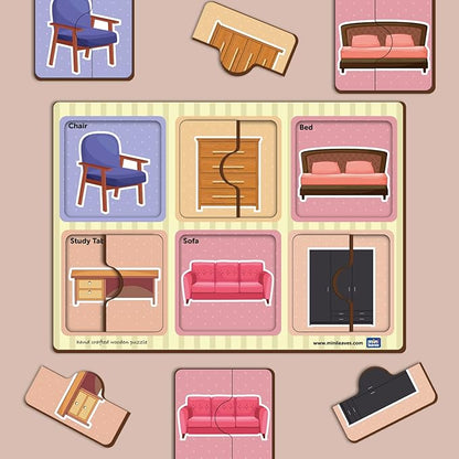 Mini Leaves 2 Piece Puzzle for Kids | Furniture Jigsaw Puzzle | Set of 6 Wooden Puzzles for Kids | Educational Toys for Kids