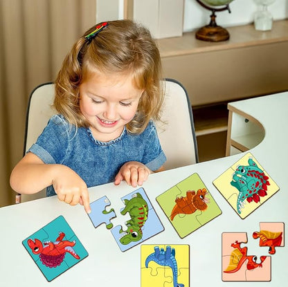 Mini Leaves 4 Pieces Wooden Puzzle for Kids | Set of 6 Dinosaurs Jigsaw Puzzle | Educational Puzzle Game With Wooden Box