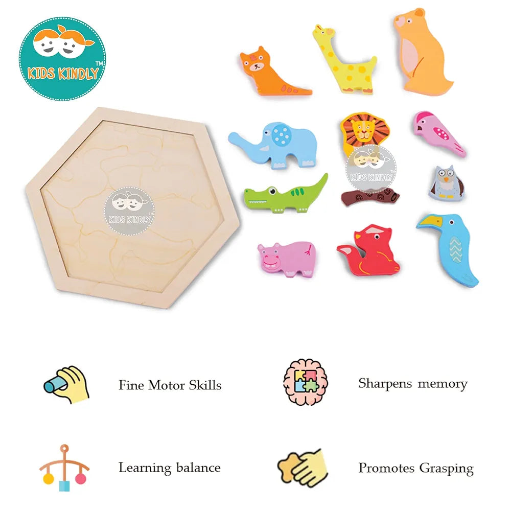 KIDS KINDLY Wooden Wild Animal Puzzle for Kids, Jigsaw Sorting Game, Montezsori Puzzle Toy for Toddlers, Shapes Puzzles for Kids, Birthday Gift for Boys & Girls Age 3 4 5 Years