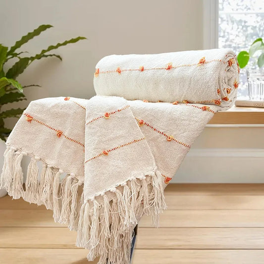 Sajavat Home Hand Knitted Pure Cotton 3 Seater Sofa Throw Colour Beige & Royal Orange
