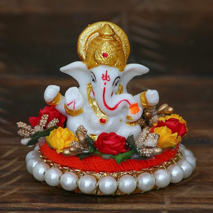 Ecraftindia Resin Lord Ganesha Idol on Decorative Plate | Lord Ganesha Idol | Ganesha Statue for Puja Room