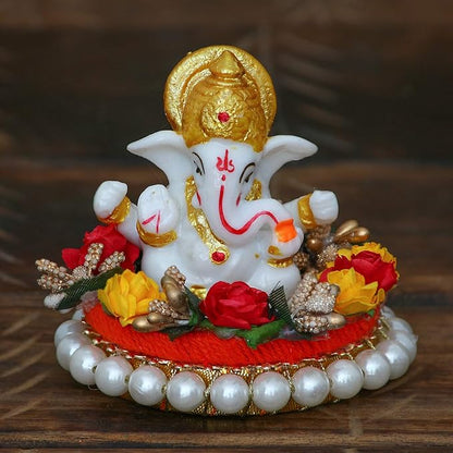 Ecraftindia Resin Lord Ganesha Idol on Decorative Plate | Lord Ganesha Idol | Ganesha Statue for Puja Room