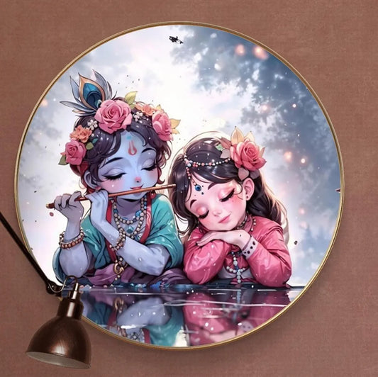 Livin'luxe Paintings Krishna and Radha Childhood Bliss Wall Painting with Frame - Sparkle Glossy Round Golden Framed Large