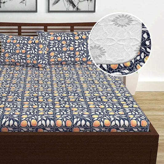 Divine Casa 144 TC Cotton Super Soft Brushed Elastic Fitted Floral Queen Size Double Bed Bedsheet with 2 Pillow Cover Colour Blue Velvet