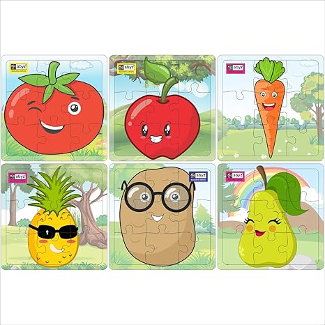 ABYZ Wooden Fruit and Vegetable Pineapple+Apple+Pear+Tomato+Potato+Carrpot Puzzle 9 Pieces (Set of 6)