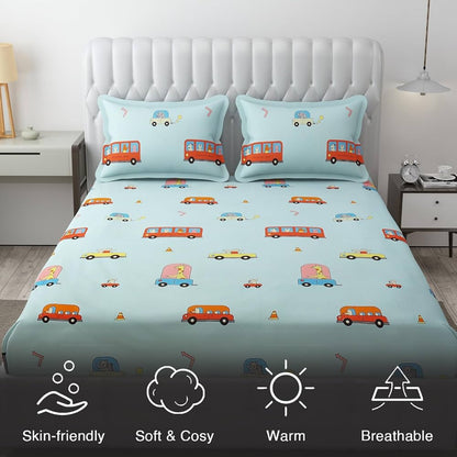 Fresh From Loom Glace Cotton Bed Sheet with 2 Pillow Cover Cartoon Printed Double Bed King Size Kids Bedsheet  144 TC Aqua