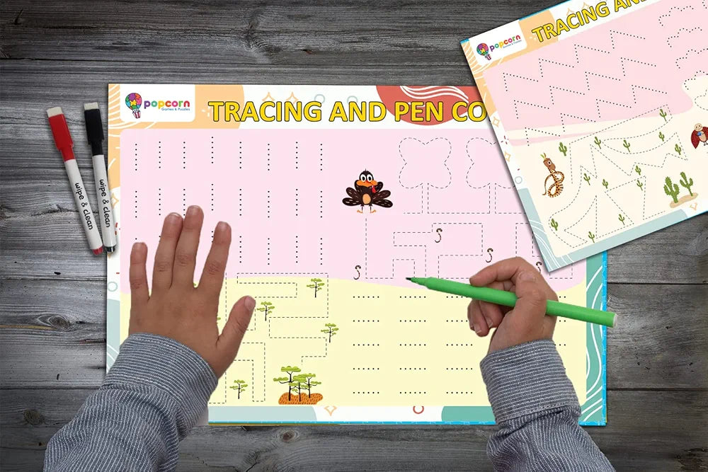 Popcorn Games & Puzzles Tracing and Pen Control | Reusable Activity Mats with 2 Marker Pens | Gifts & Creative Learning for Ages 3-6