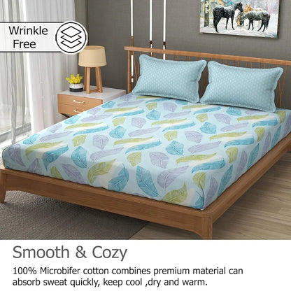 Fresh From Loom Microfiber Soft Cotton Queen Size Bedsheet for Double Bed 200 TC Hypoallergenic Soft Bed Sheet with 2 Pillow Cover Aqua Pankh