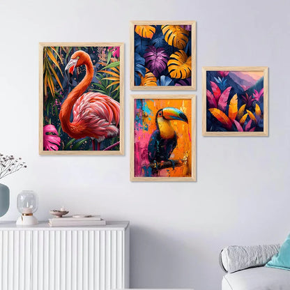 Kotart Nature Inspired Beautiful Flamingo and Botanical Leaf Paintings of 4 frames H