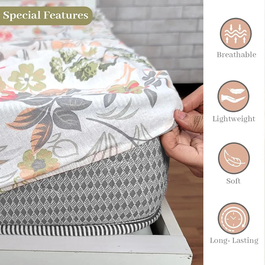 Divine Casa 144 TC 100% Cotton Floral Print Super Soft Fitted Bedsheet for Double Bed Peach Color