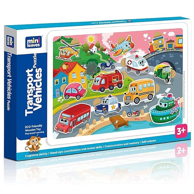 Mini Leaves Transport Vehicles Wooden Puzzle | Educational Puzzle for 4+ Age Kid | 11 Vehicles Shape