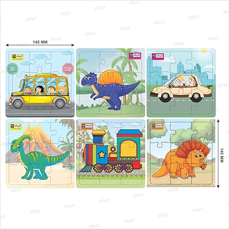ABYZ Wooden Dinosaur and Transport (Dinosaur+Bus+Train+Car) for Kids & Children Paperless Puzzle Set of 6