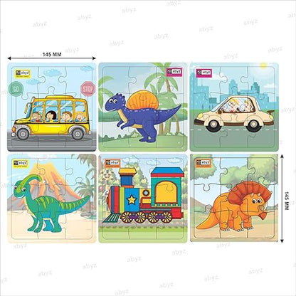 ABYZ Wooden Dinosaur and Transport (Dinosaur+Bus+Train+Car) for Kids & Children Paperless Puzzle Set of 6