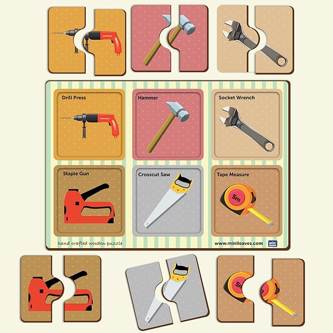 Mini Leaves 2 Piece Puzzle for Kids | Construction Tools Jigsaw Puzzle | Set of 6 Wooden Puzzles for Kids | Educational Toys