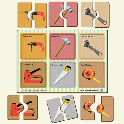 Mini Leaves 2 Piece Puzzle for Kids | Construction Tools Jigsaw Puzzle | Set of 6 Wooden Puzzles for Kids | Educational Toys