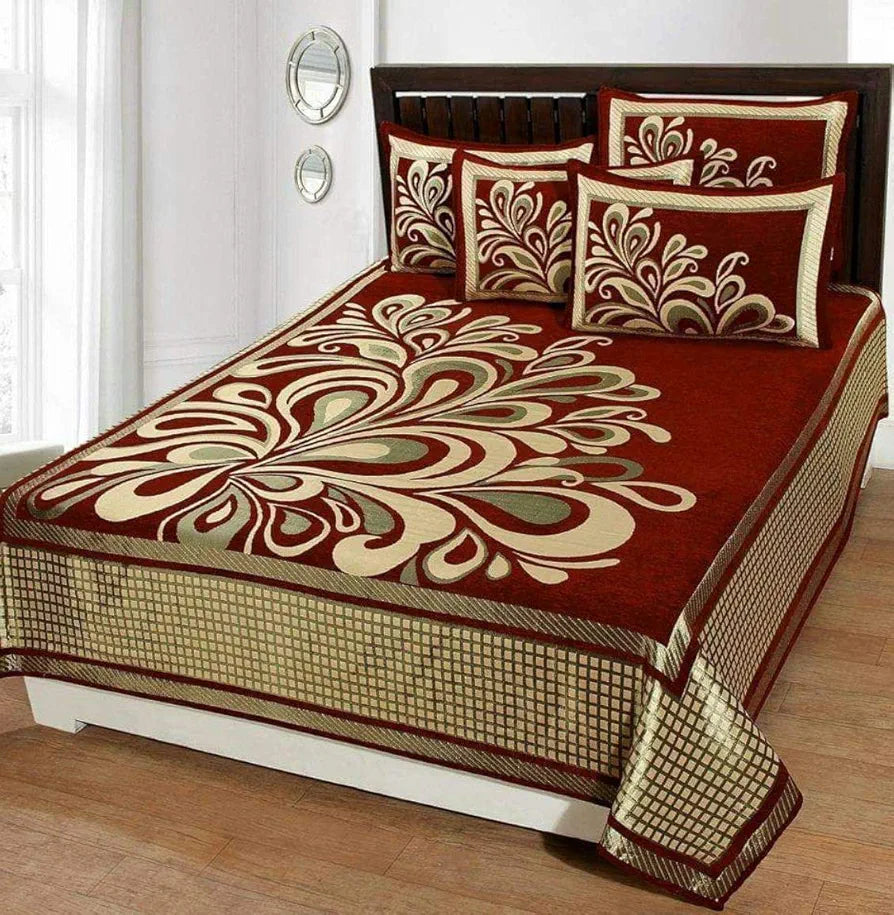 Fresh From Loom Chenille Velvet Floral 500 TC Heavy Bedsheet for Double Bed King Maroon Color with 2 Pillow Covers Rangoli Maroon