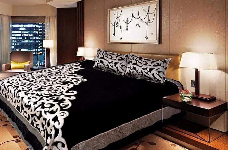 Fresh From Loom Chenille Velvet Abstract 500 TC Heavy Bedsheet for Double Bed King Size Black Color with 2 Pillow Covers