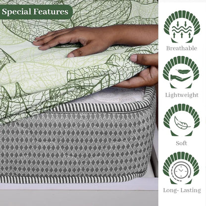 Divine Casa 100% Cotton Fitted Bedsheet for Double Bed Dry Leaf Print Colour Olive Green Elastic Fit Soft & Breathable with 2 Pillow Covers