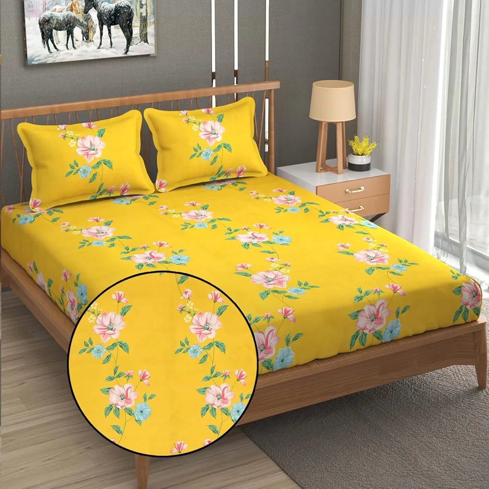 Fresh From Loom Hypoallergenic King Size Floral Print Bedsheet Set 240 TC Includes 2 Pillow Covers Daisy-Yellow
