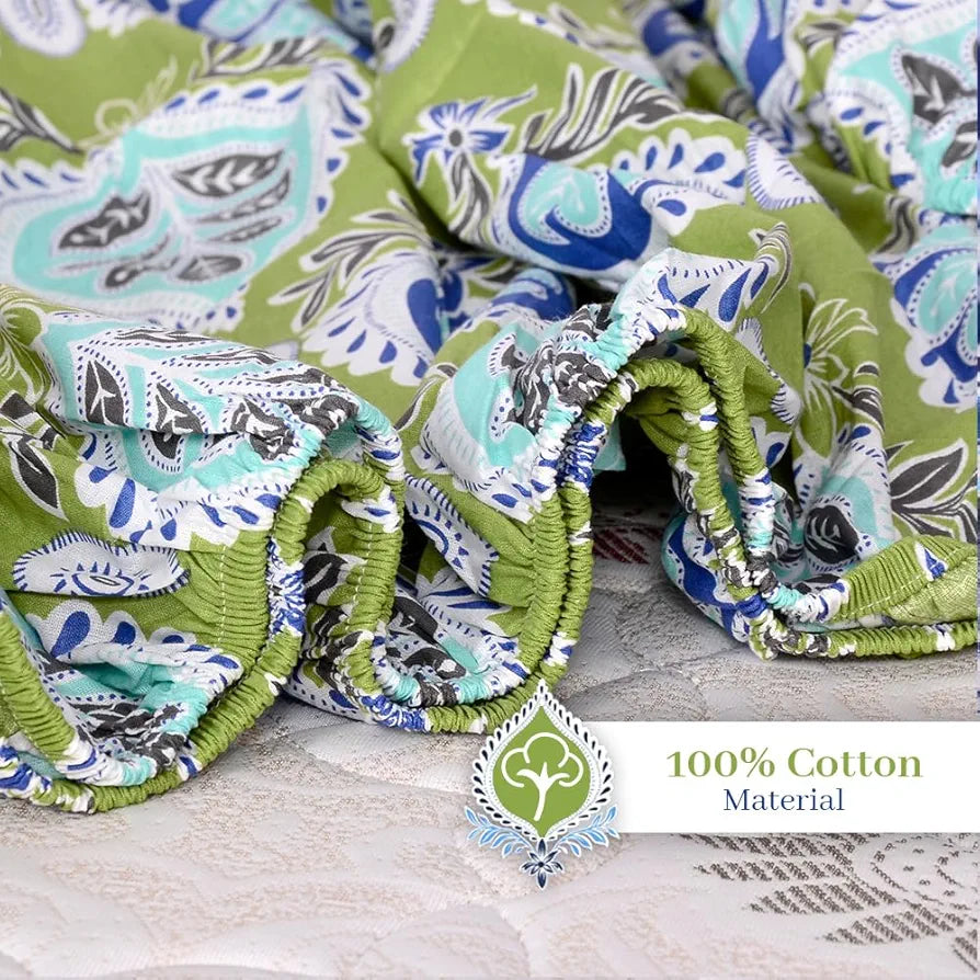 Divine Casa 100% Cotton 144 TC Fitted Printed Bedsheet for King Bed Soft-Touch Skin-Friendly Bedsheet Colour Apple Green