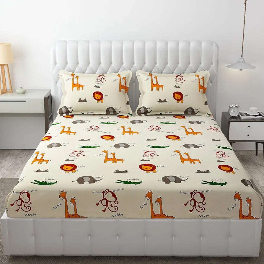 Fresh From Loom Bed Sheet with 2 Pillow Cover Cartoon Printed Double Bed King Size Bedsheet 144 TC Multi-Color 2