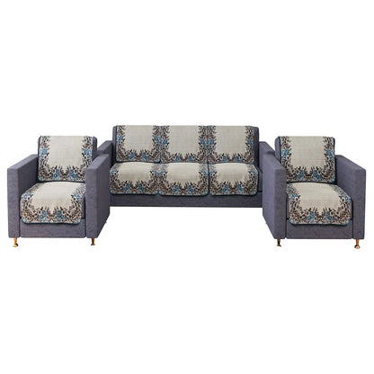Kuber Industries 5-Seater Couch Cover Net Velvet Sofa Slip Cover Set Blue Gulab Border Crown Sofa Cover Cream