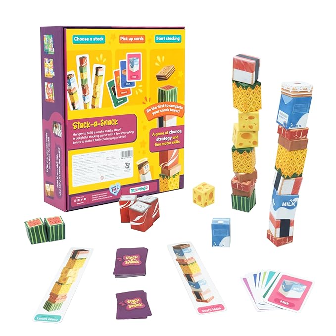 Bloomingo Board Game - Stack a Snack | Interactive Stacking Game for Kids & Adults | Pick a Card & Race to Build You Tower of Treats