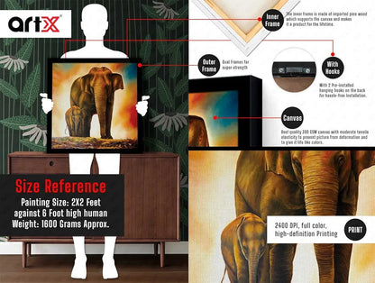 ArtX Elephant and Baby Abstract Big Canvas Painting For Bedroom With Frame